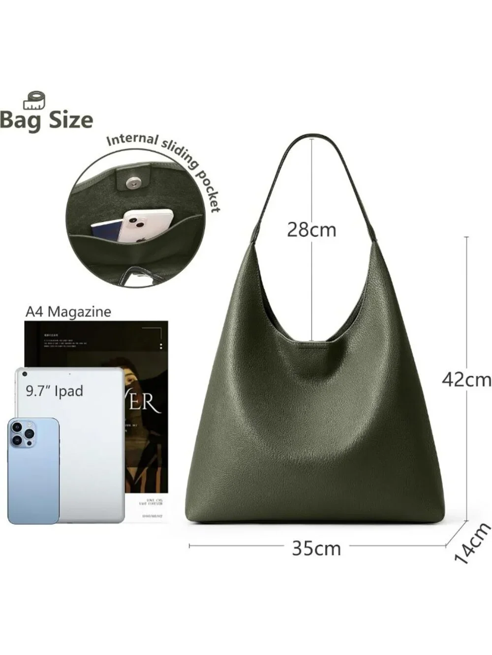 Casual Slouchy Hobo Tote Bag | Soft Vegan Leather, Suede Lining, Keychain Pocket
